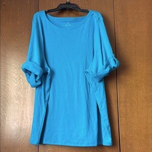 CJ Banks Teal Blue Women's Knit Tunic Top Roll Tab Sleeves EuC 2X